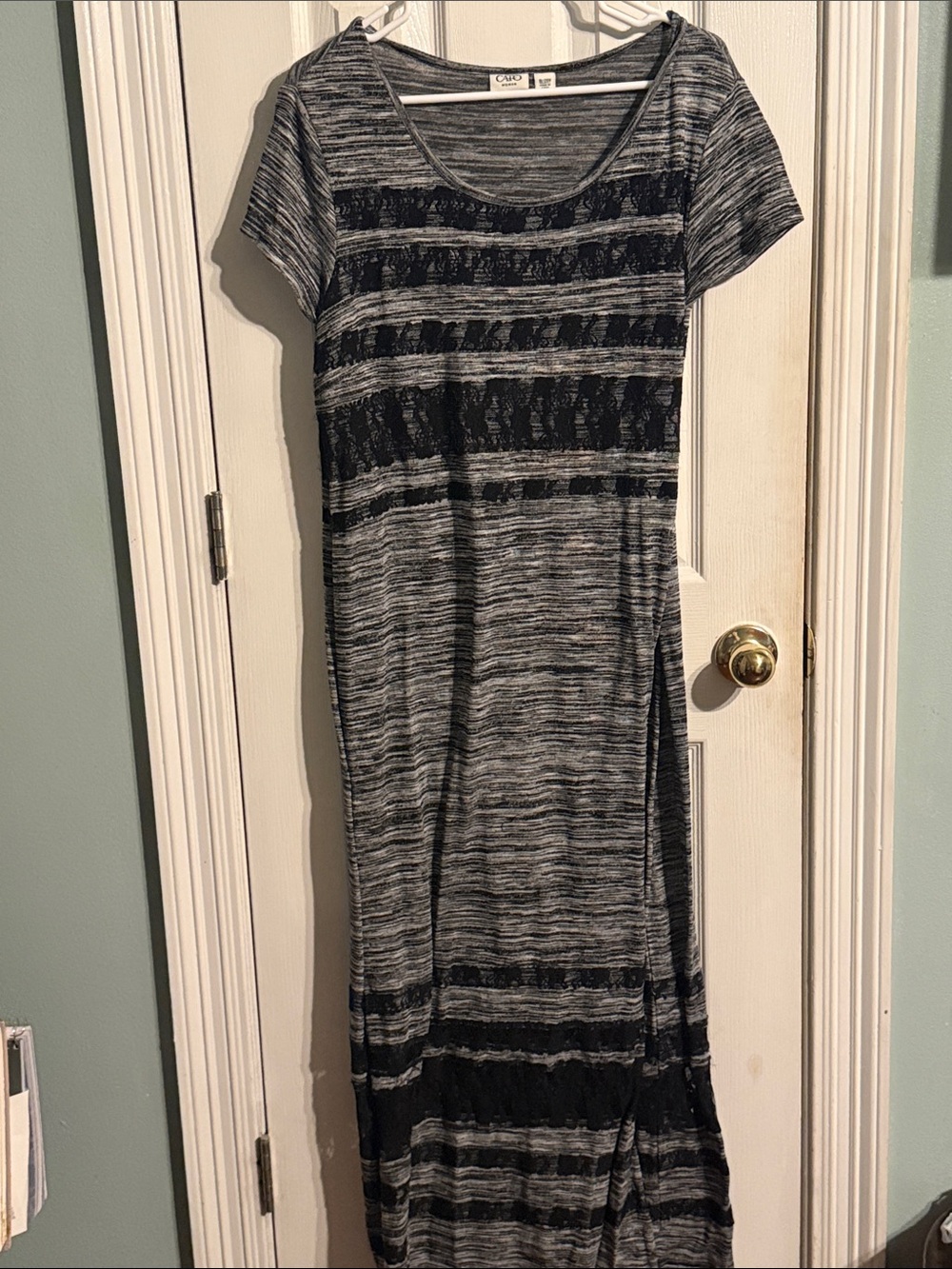 Cato Black and Gray Striped Maxi Dress with Lace Panels